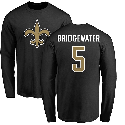 Men New Orleans Saints Black Teddy Bridgewater Name and Number Logo NFL Football #5 Long Sleeve T Shirt